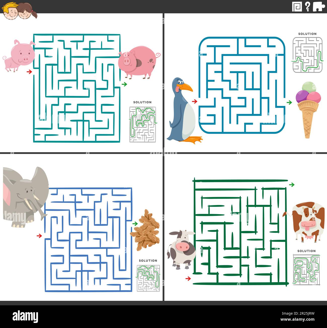 Cartoon illustration of educational maze puzzle games set with comic animal characters Stock Vector