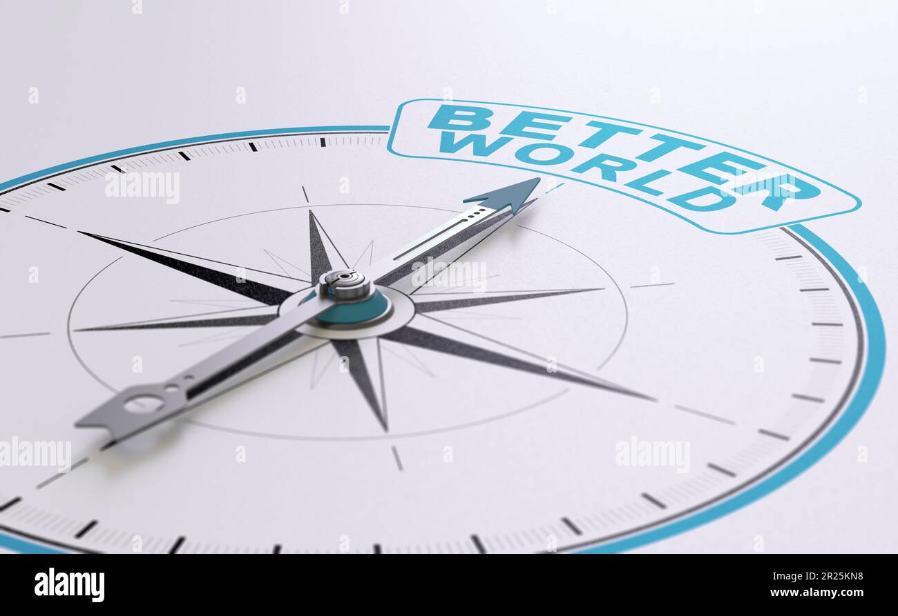 3d render of a compass which pointing a blue text. Improve the state of the world concept Stock Photo