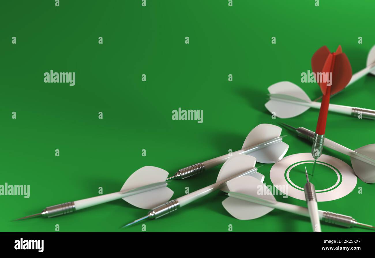 3d render of many darts over a green background. The red dart hits the center of a target and the others failed. Concept of best or optimal strategy. Stock Photo