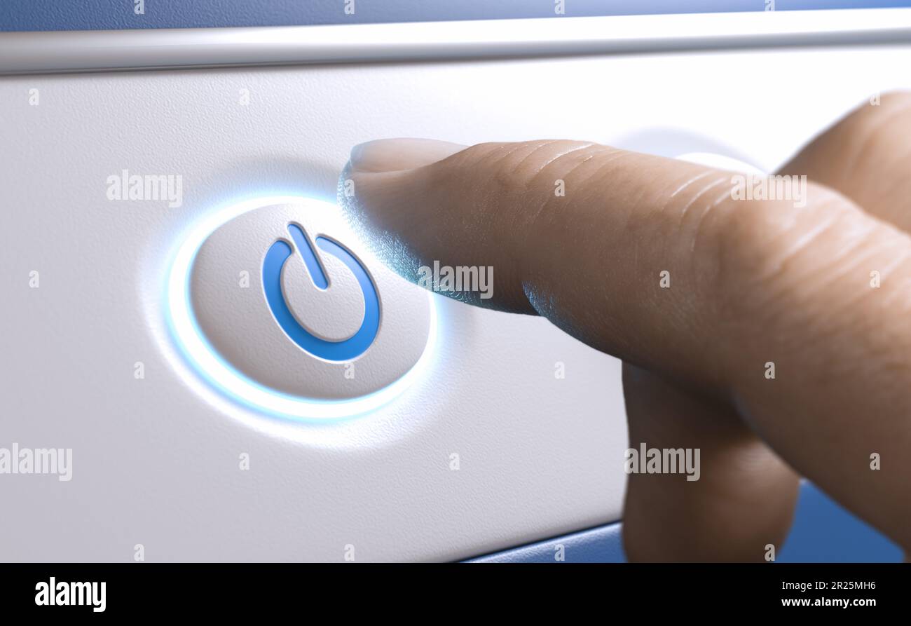 Finger pressing a power button to start an electronic device. Energy saving concept. Stock Photo