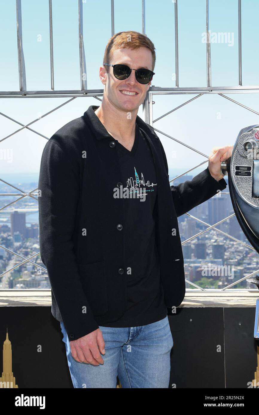 New York, USA. 17th May, 2023. New York Mets outfielder Mark Canha visits the Empire State Building in honor of Food Allergy Awareness Week New York, NY on May 17, 2023. (Photo by Efren Landaos/Sipa USA) Credit: Sipa USA/Alamy Live News Stock Photo