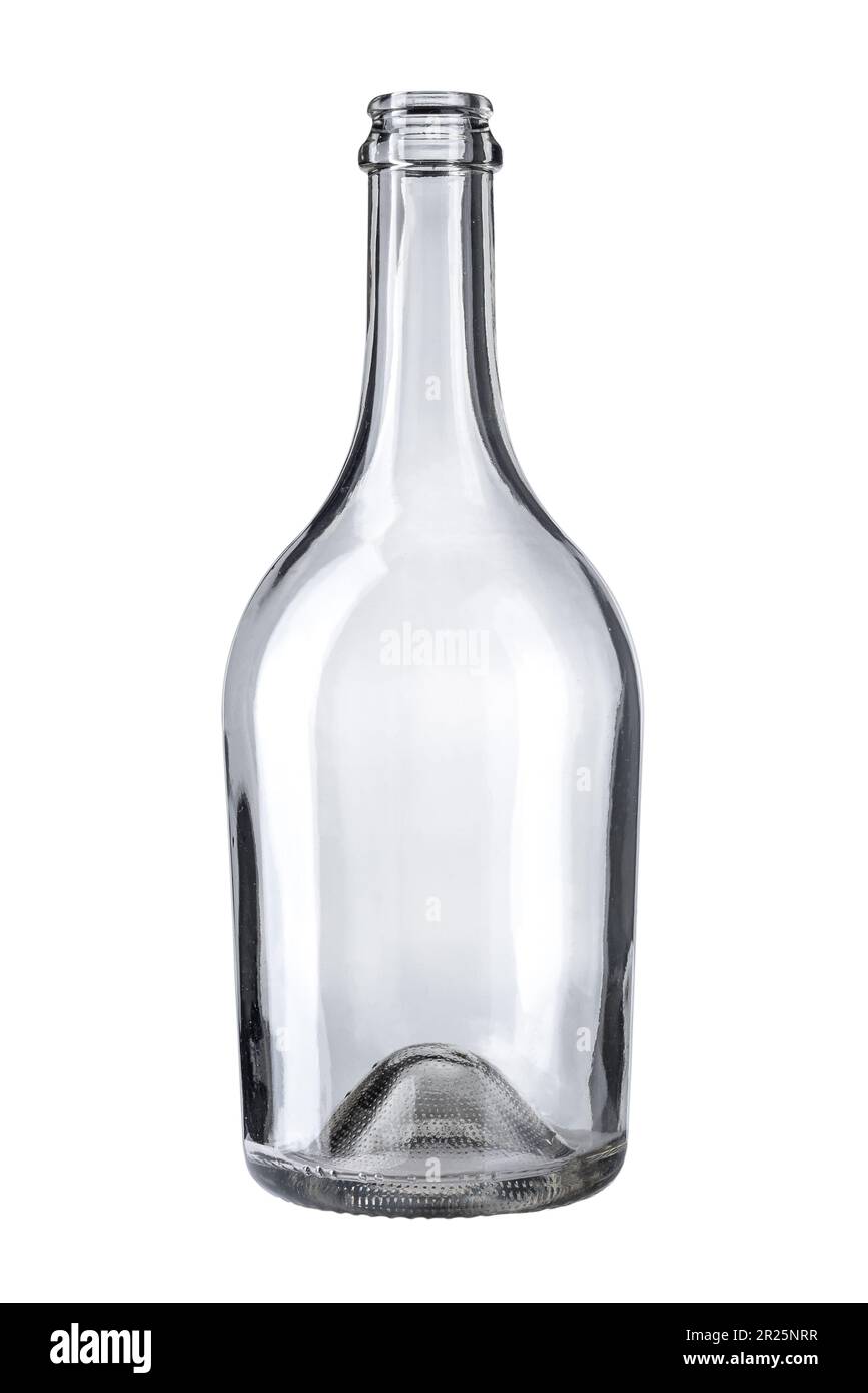 Empty champagnotta-type clear glass bottle isolated on white with clipping path. Charmat Method sparkling wine bottle. Stock Photo