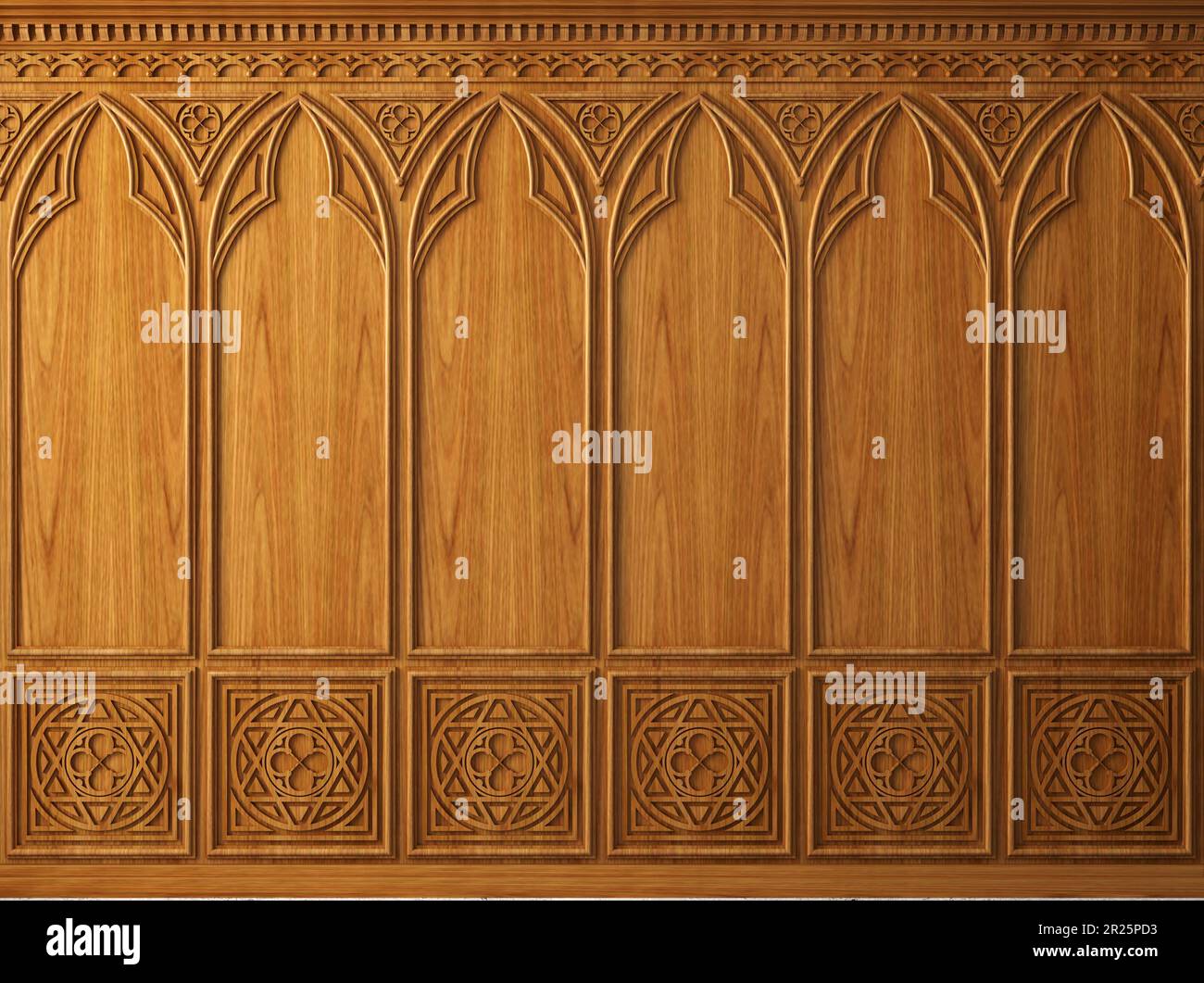 Classic cabinet or castle wall made of gothic wood paneling Stock Photo
