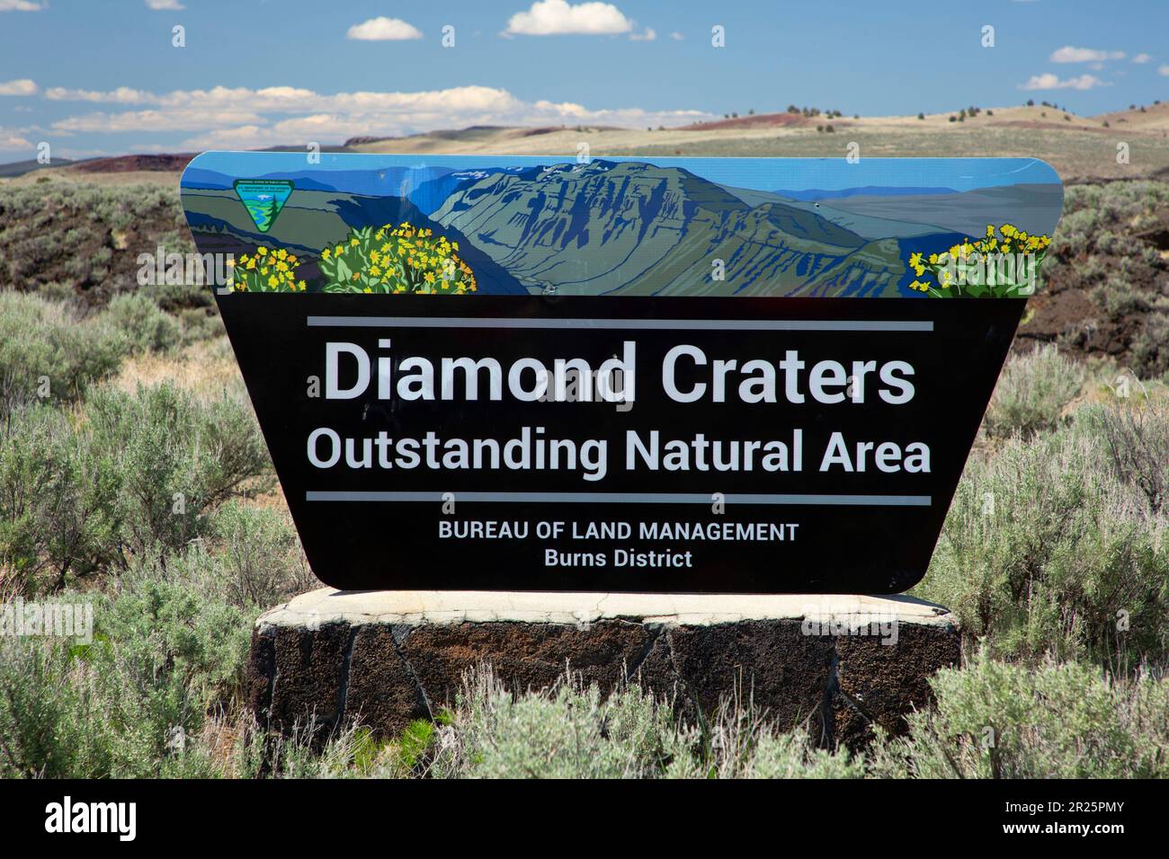 Entrance sign, Diamond Craters Outstanding Natural Area, Diamond Loop National Scenic Byway, Burns District Bureau of Land Management, Oregon Stock Photo