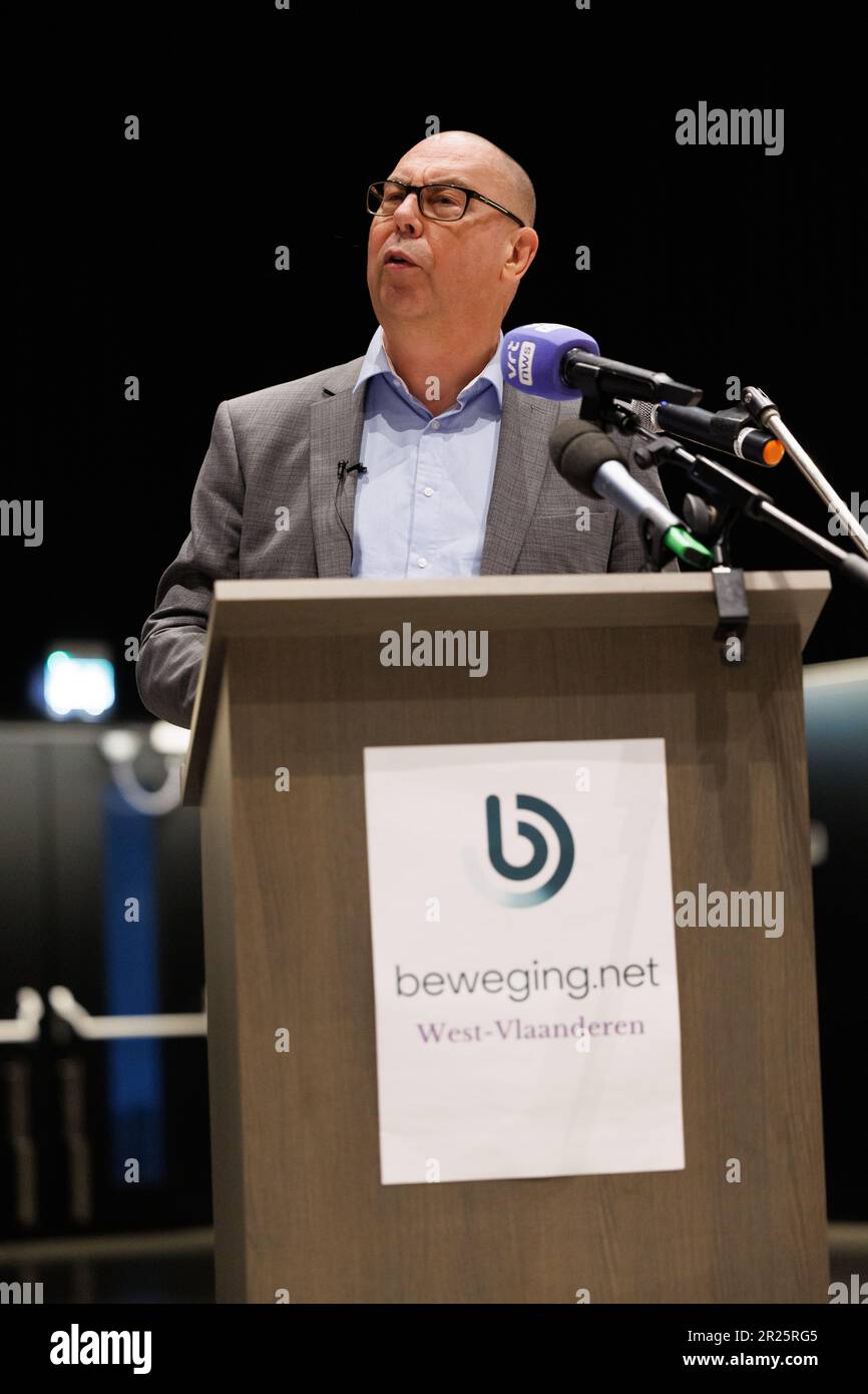 Roeselare, Belgium. 17th May, 2023. ACV/CSC christian union chairman Marc  Leemans pictured during the Rerum Novarum speech of ACV Christian workers  union, in Roeselare, on Wednesday 17 May 2023. BELGA PHOTO KURT