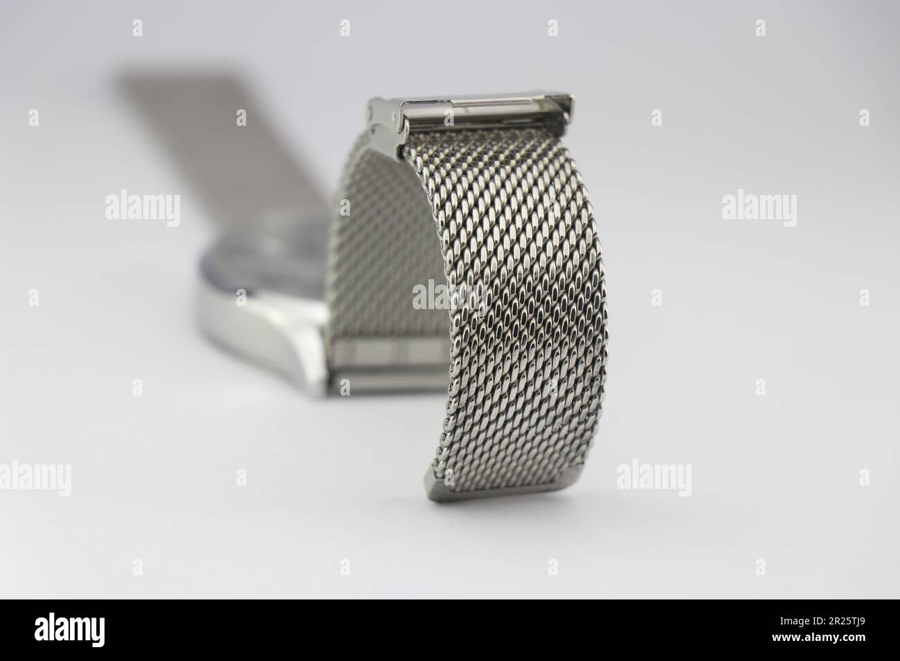 Watch strap made from stainless steel links on a white background Stock Photo