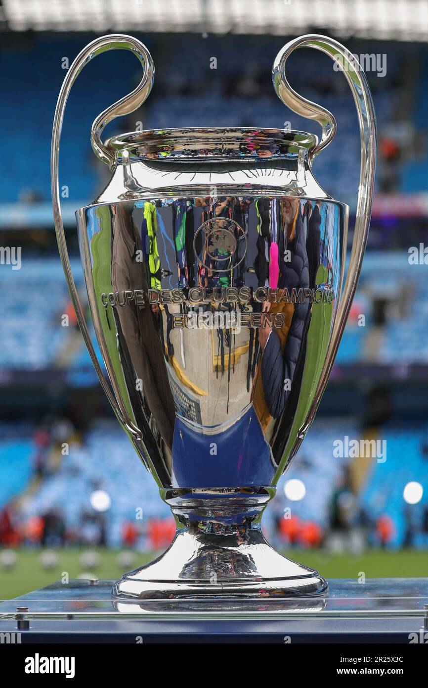 Manchester, UK. 17th May, 2023. The UEFA Champions League trophy on