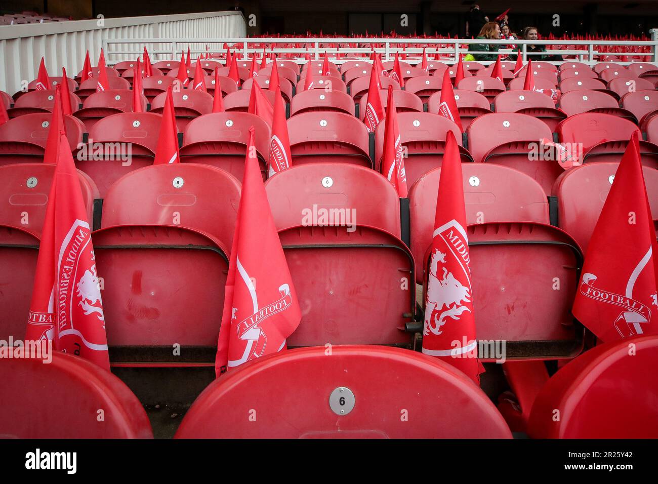 Flags are put out on the seats for fans ahead of the Sky Bet
