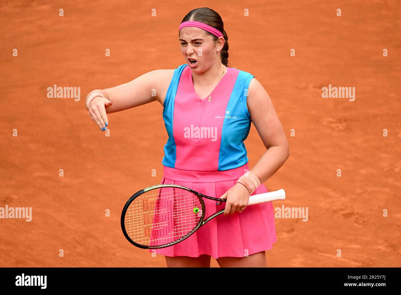 Rome, Italy. 17th May, 2023. Jelena Ostapenko of Latvia gestures during her match against Paula Badosa of Spain at the Internazionali BNL d'Italia tennis tournament at Foro Italico in Rome, Italy on May 17th, 2023. Credit: Insidefoto di andrea staccioli/Alamy Live News Stock Photo
