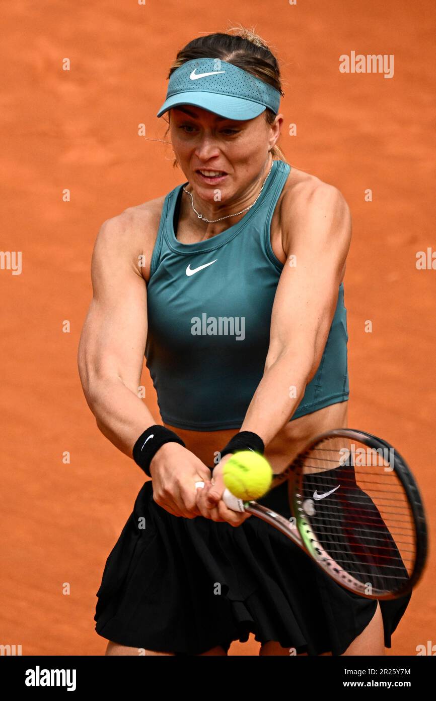 Rome, Italy. 17th May, 2023. Paula Badosa of Spain in action during her match against Jelena Ostapenko of Latvia at the Internazionali BNL d'Italia tennis tournament at Foro Italico in Rome, Italy on May 17th, 2023. Credit: Insidefoto di andrea staccioli/Alamy Live News Stock Photo