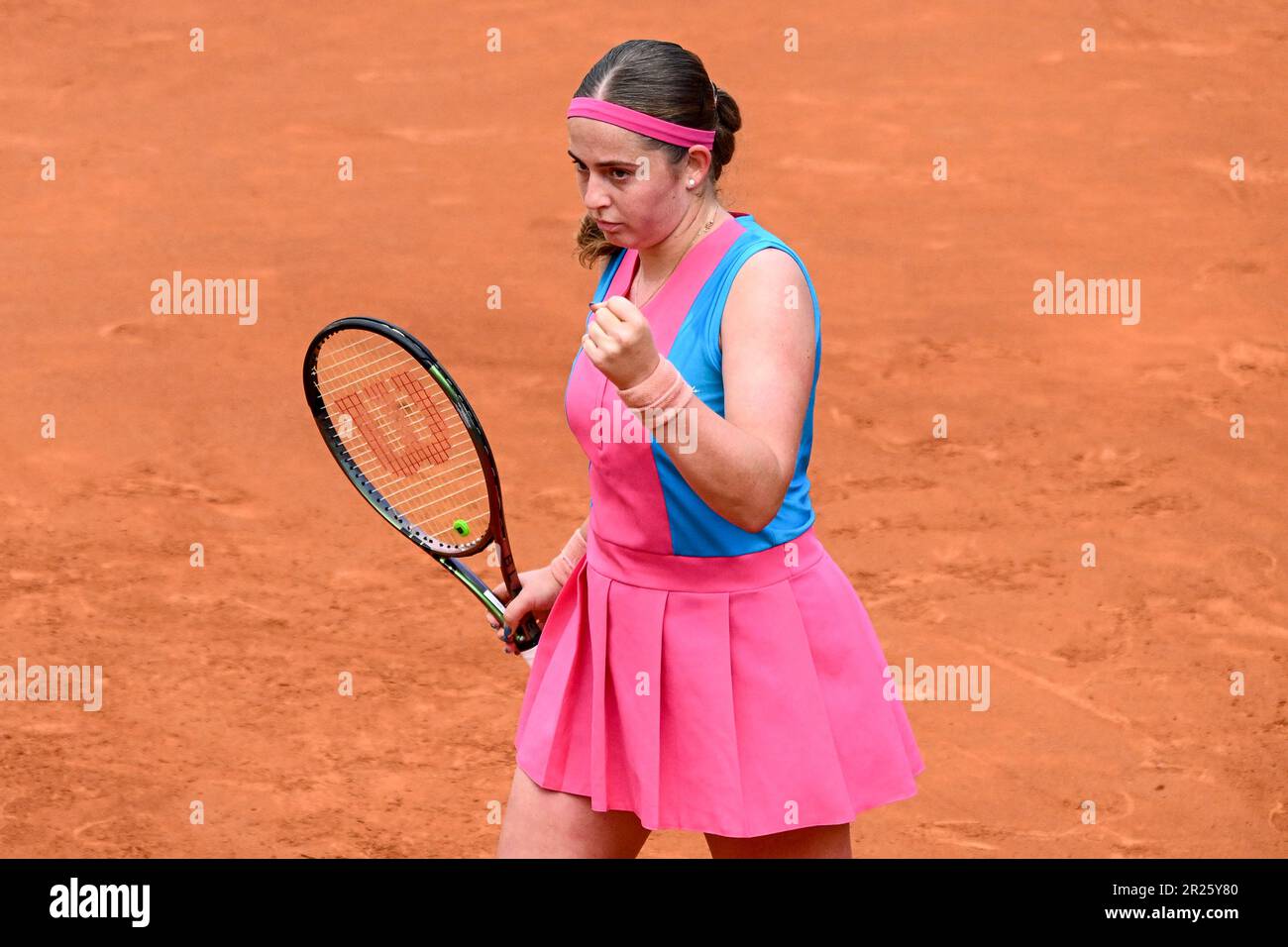 Rome, Italy. 17th May, 2023. Jelena Ostapenko of Latvia reacts during her match against Paula Badosa of Spain at the Internazionali BNL d'Italia tennis tournament at Foro Italico in Rome, Italy on May 17th, 2023. Credit: Insidefoto di andrea staccioli/Alamy Live News Stock Photo