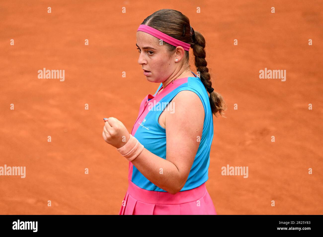 Rome, Italy. 17th May, 2023. Jelena Ostapenko of Latvia reacts during her match against Paula Badosa of Spain at the Internazionali BNL d'Italia tennis tournament at Foro Italico in Rome, Italy on May 17th, 2023. Credit: Insidefoto di andrea staccioli/Alamy Live News Stock Photo