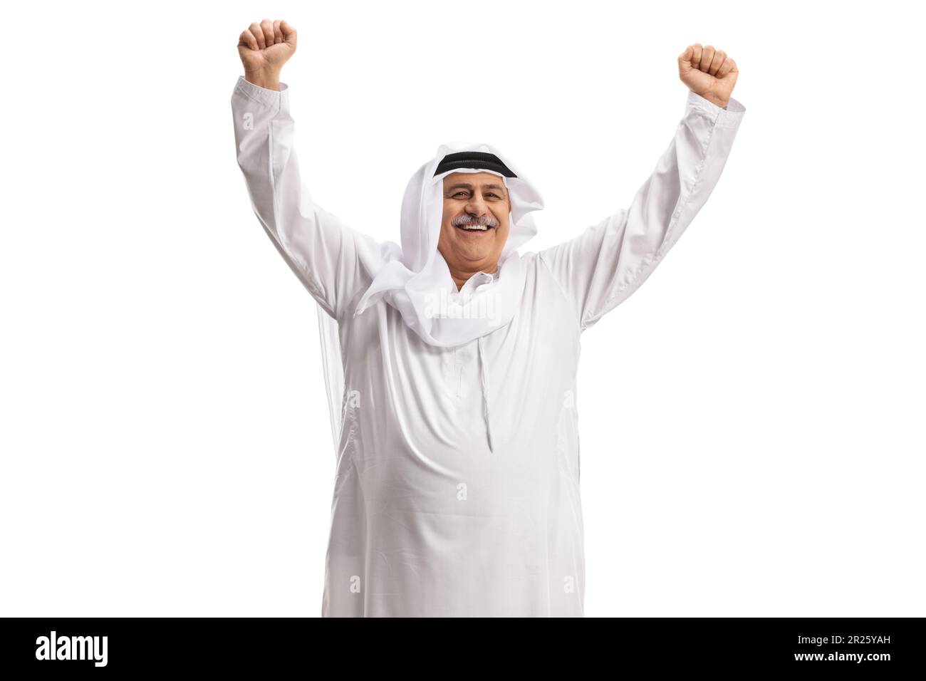 Excited mature arab man gesturing happiness isolated on white background Stock Photo