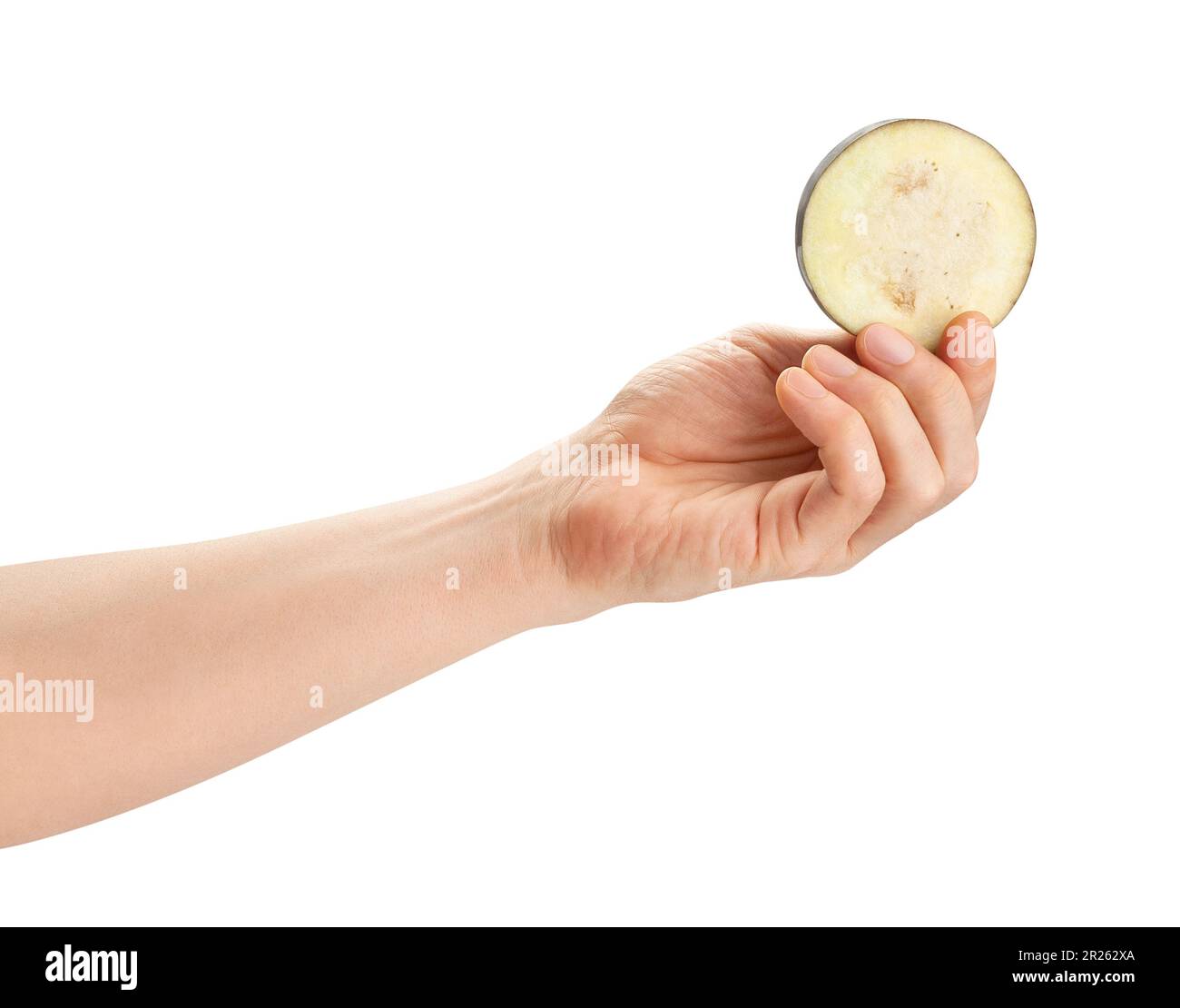 sliced eggplant in hand path isolated on white Stock Photo