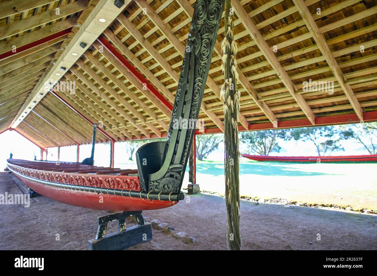 Ngatokimatawhaorua: This is a massive waka taua, a traditional Māori war canoe, measuring approximately 35 meters in length. Ngatokimatawhaorua is the largest waka taua in New Zealand and is often used for ceremonial purposes. It represents the strong seafaring traditions of the Māori people and serves as a symbol of cultural identity. Stock Photo