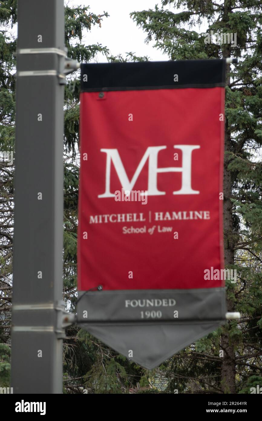 ST. PAUL, MN, USA - MAY 6, 2023: Campus flag at Mitchell Hamline School of Law. Stock Photo