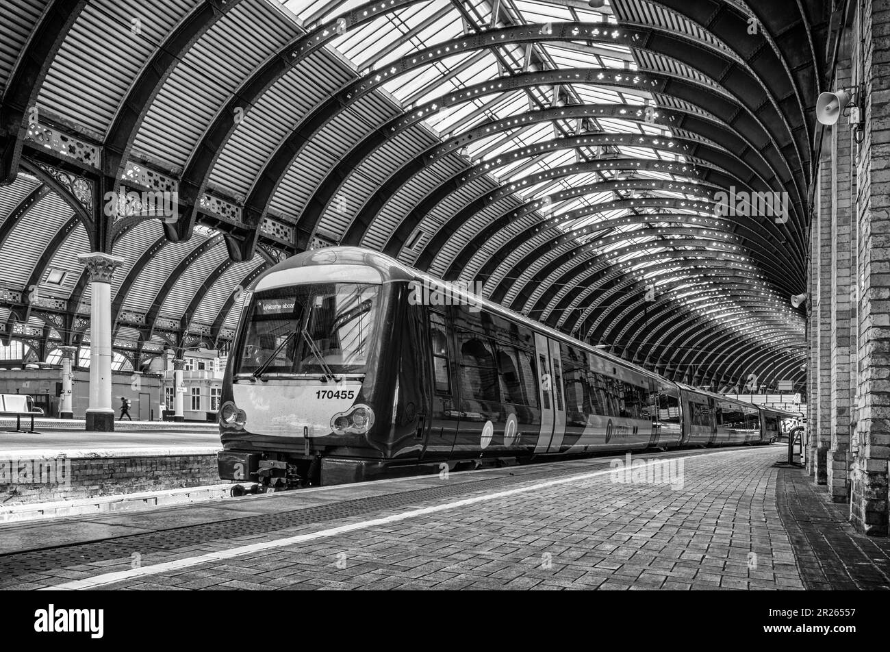 A train stands beside a platform and under a historic iron and curving