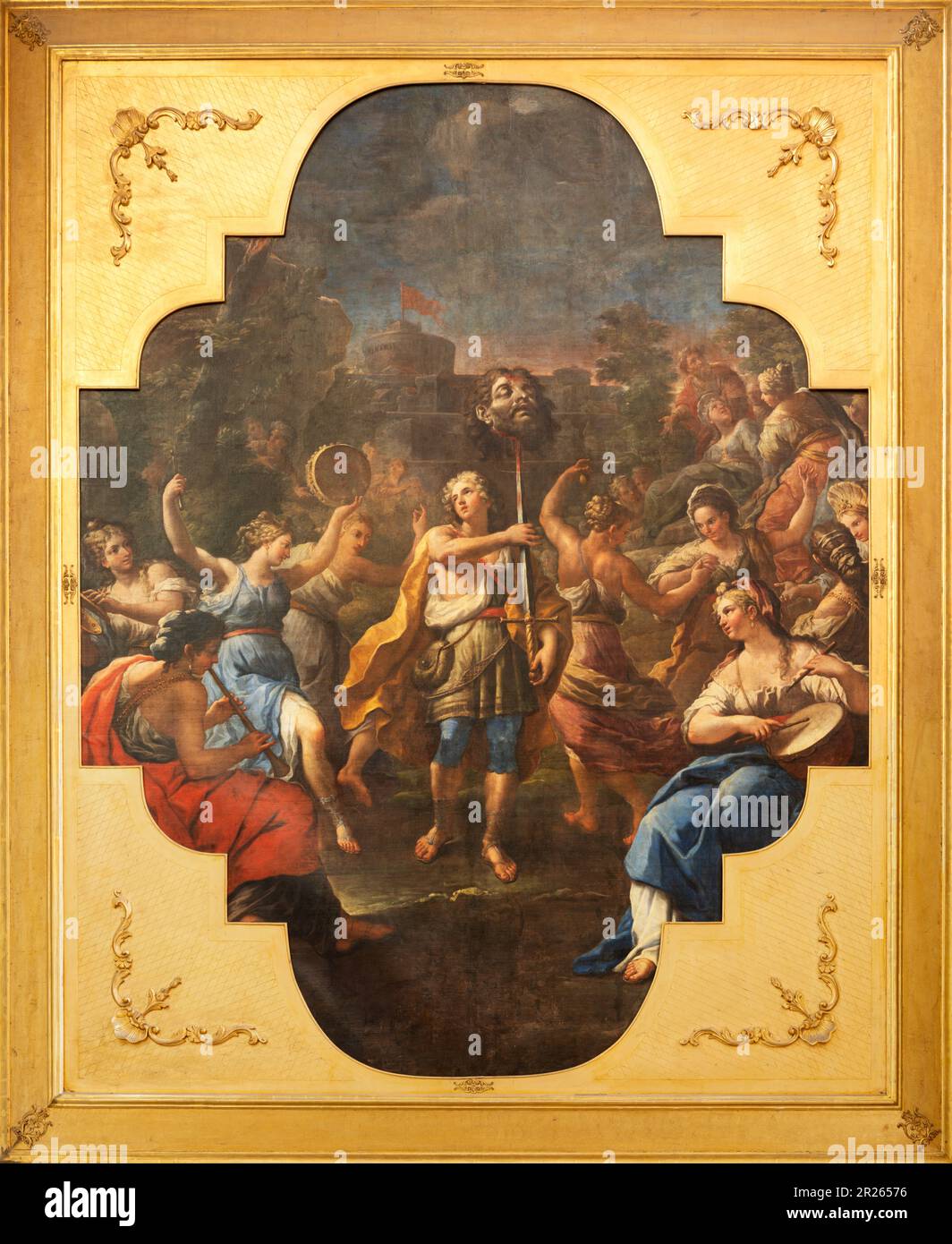 NAPLES, ITALY - APRIL 24, 2023: The painting Triumph of David in church Chiesa di San Vitale Martire by Luca Giordano (1680-1686). Stock Photo