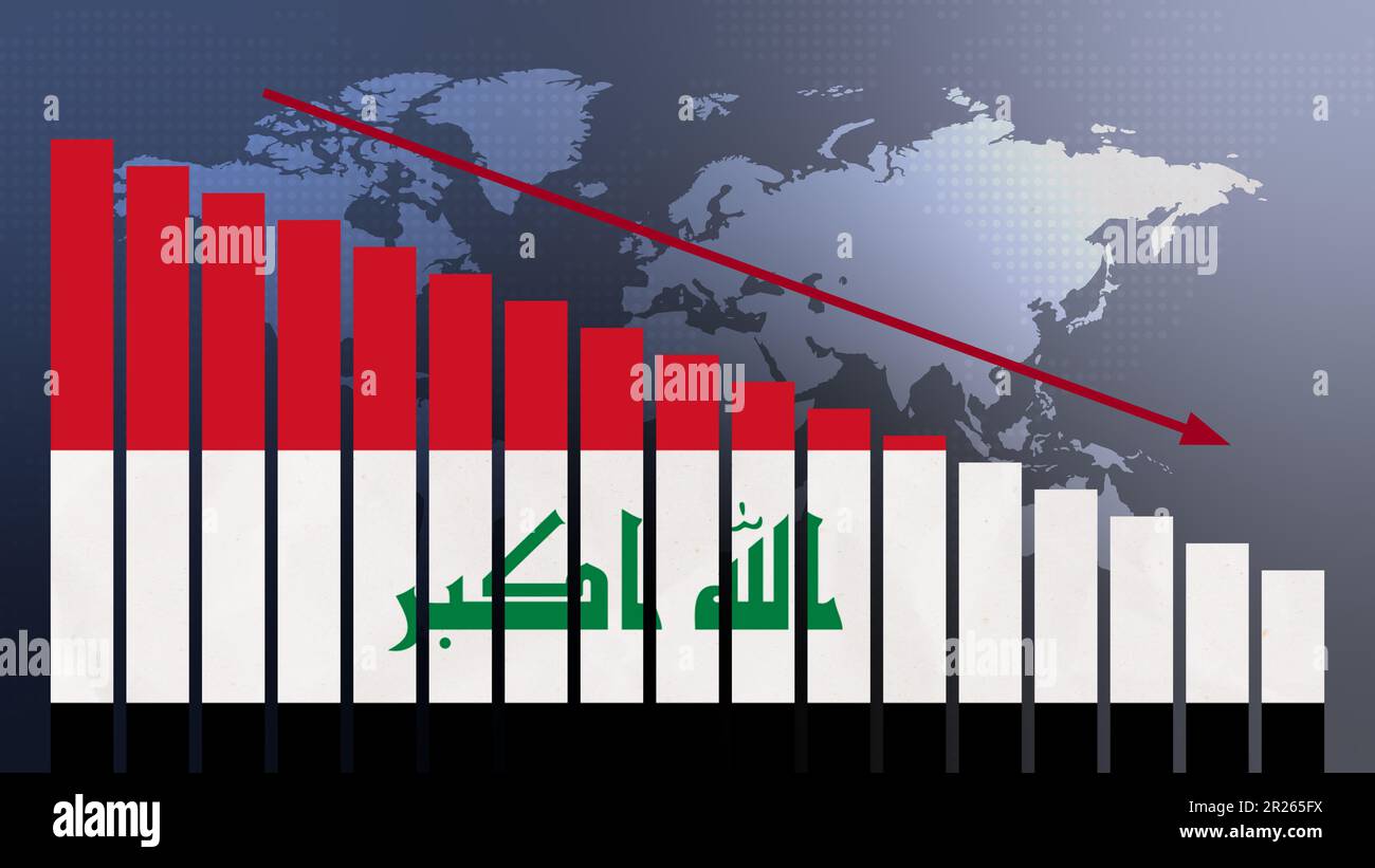 Iraq flag on bar chart concept with decreasing values, concept of economic crisis, politics conflicts, war concept with flag Stock Photo