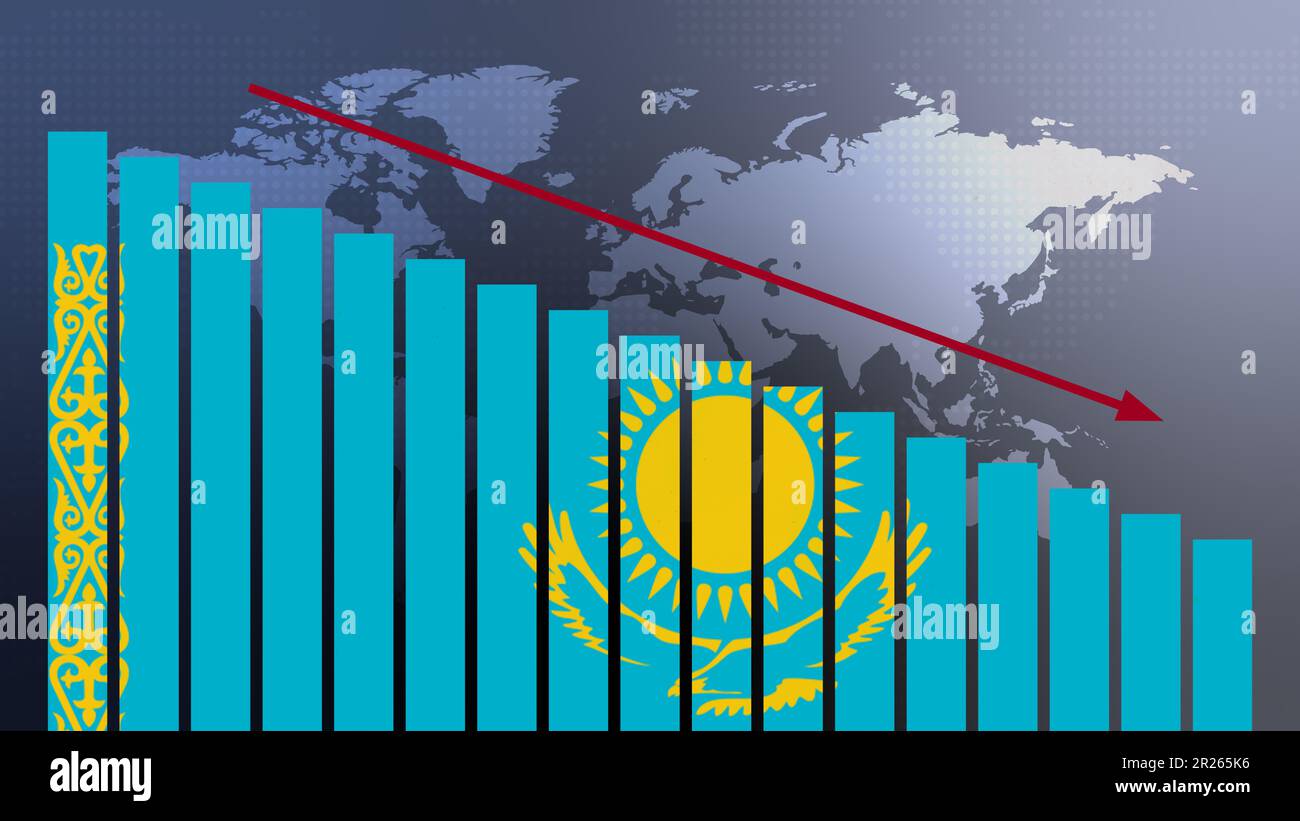 Kazakhstan flag on bar chart concept with decreasing values, concept of economic crisis, politics conflicts, war concept with flag Stock Photo