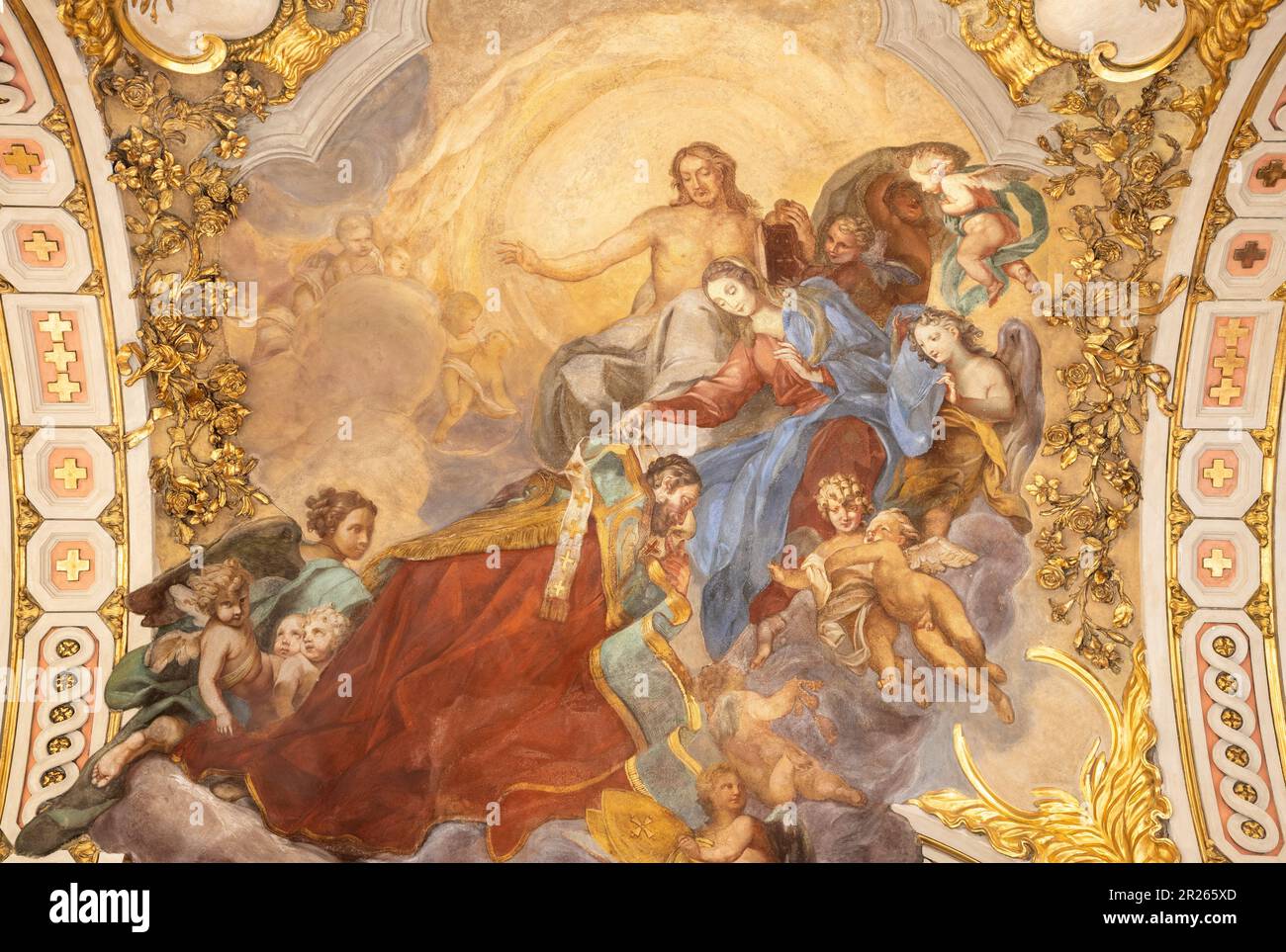 GENOVA, ITALY - MARCH 5, 2023: The fresco of Jesus among the angels in the church Chiesa di Santa Maria Maddalena from 18. cent. Stock Photo