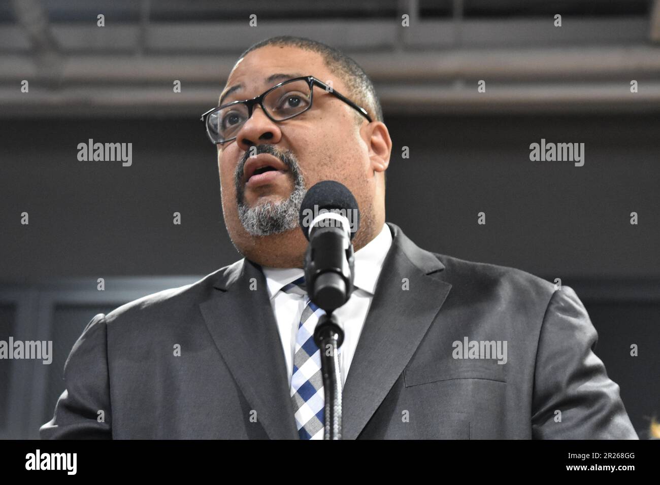 New York, United States. 17th May, 2023. Manhattan District Attorney Alvin Bragg delivers
