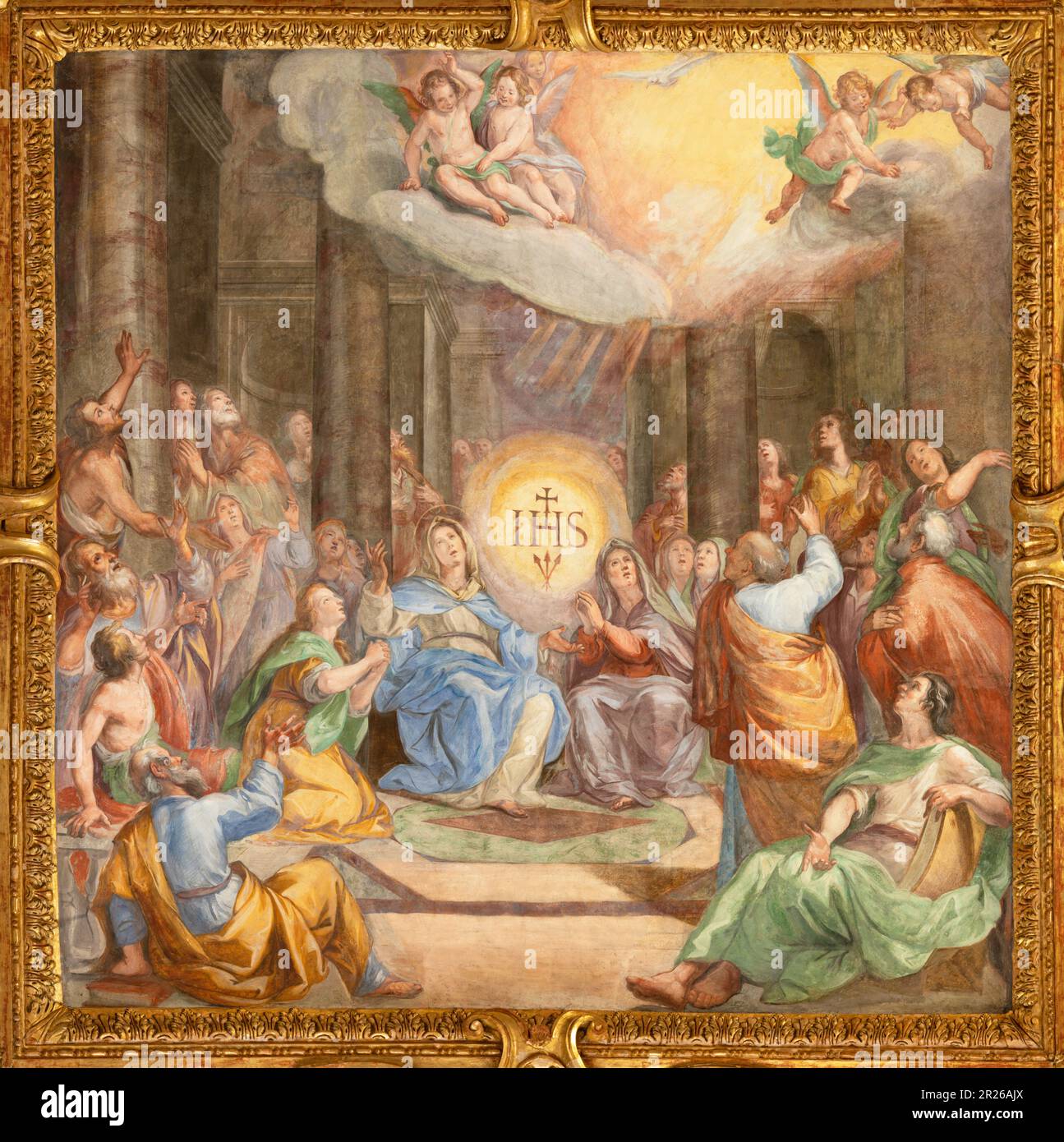 GENOVA, ITALY - MARCH 6, 2023: The fresco of  Pentecost in the church Basilica della Santissima Annunziata del Vastato by  Giovanni Carlone (1590–1630 Stock Photo