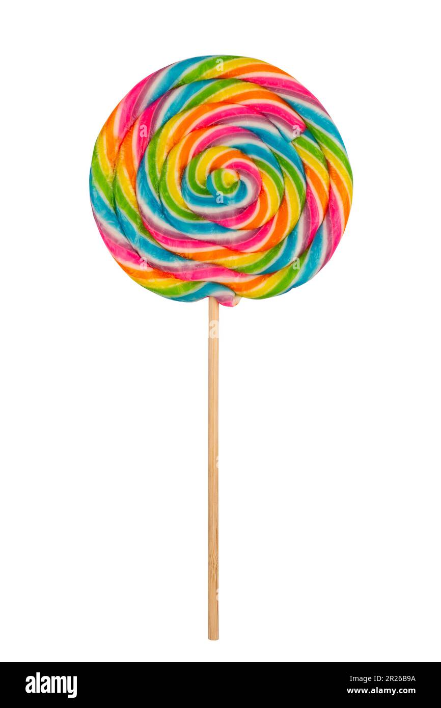 Closeup Detail Of Colorful Lollipop Candy On A Stick Isolated On White