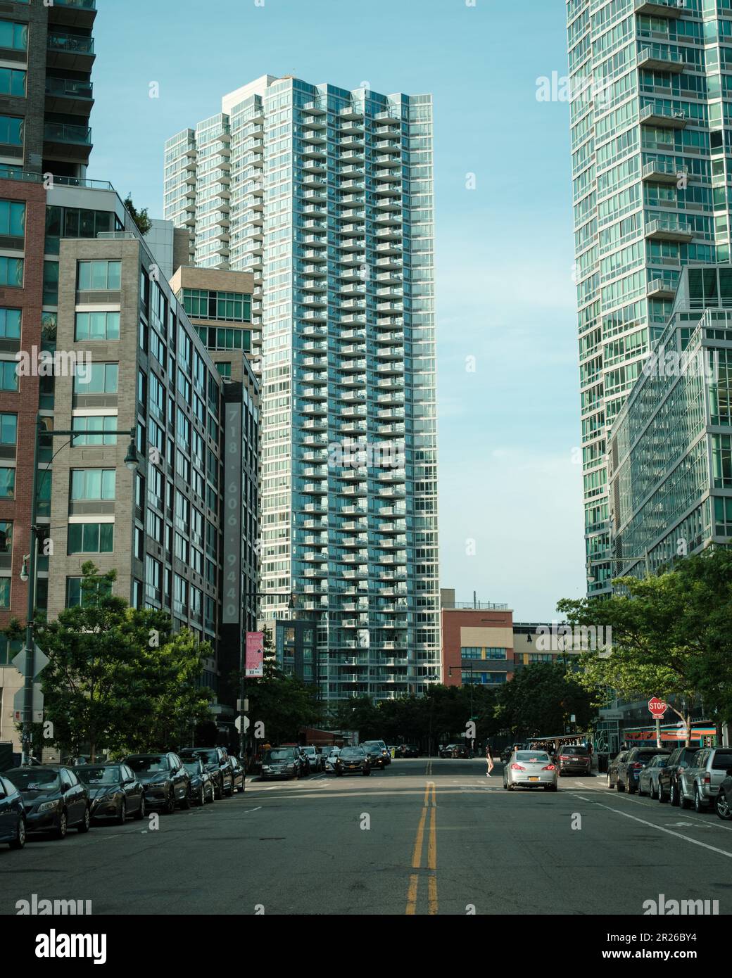 Street with modern buildings, Long Island City, Queens, New York Stock