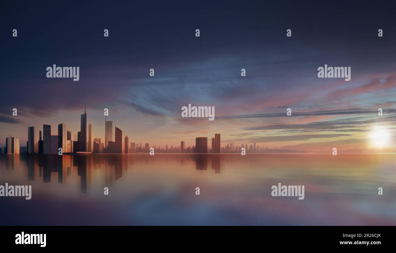 3d rendering of modern city skyline against sunset sky Stock Photo