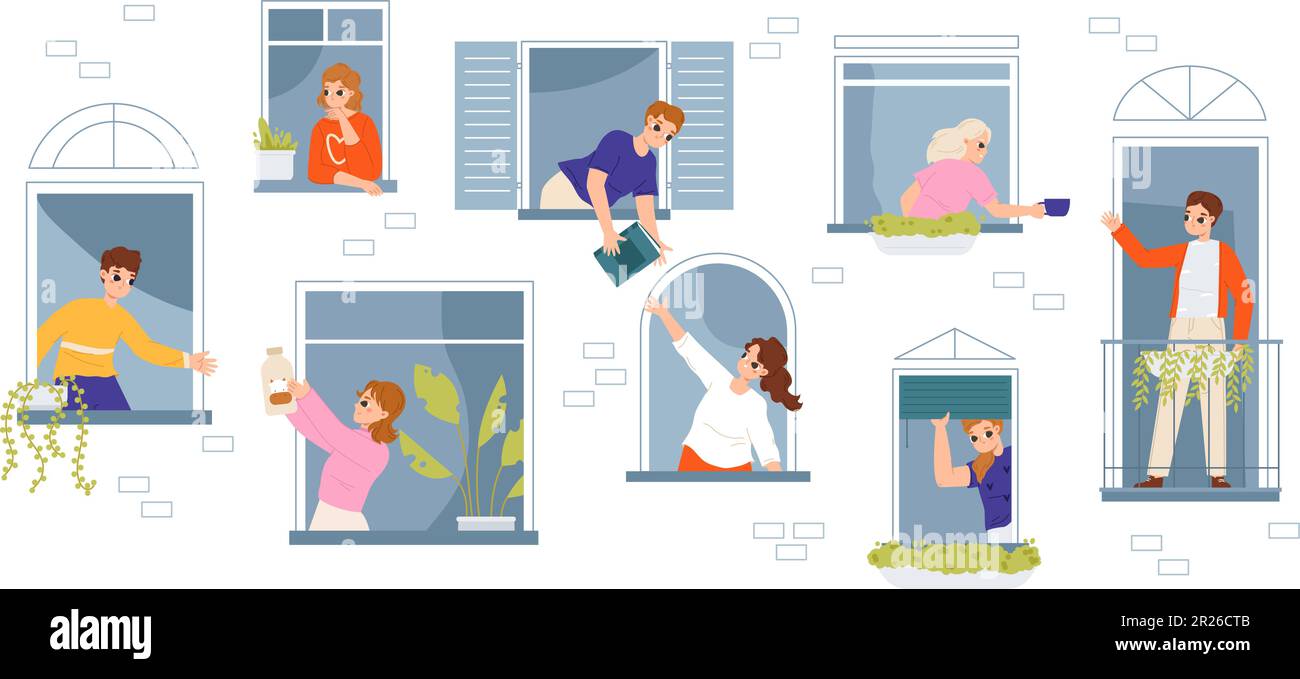 People sharing things concept. Neighborly help, friendly neighborhood or unity. Friendship neighbors, adults in snugly house windows vector scene Stock Vector