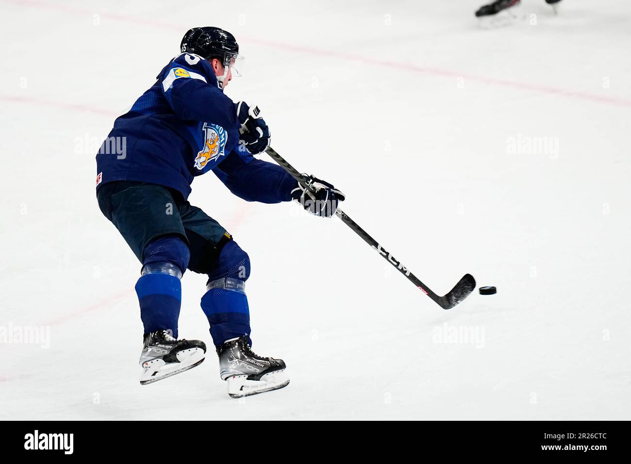 Finland's Sakari Manninen scores his side's fifth goal during the group A  match between Finland and France at the ice hockey world championship in  Tampere, Finland, Wednesday, May 17, 2023. (AP Photo/Pavel