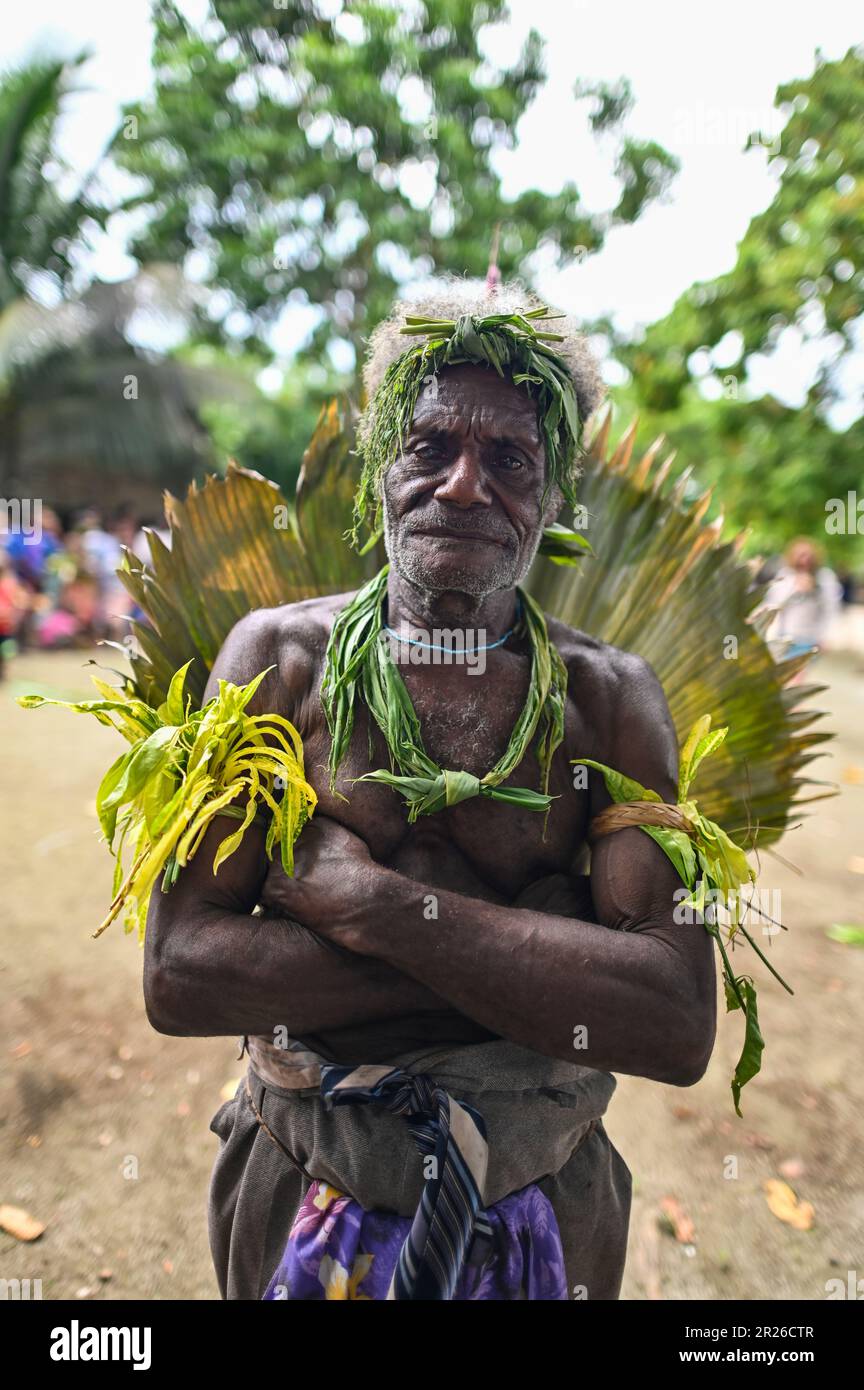 The traditional dances of the indigenous people on Utupua Island in the Solomon Islands are rich in cultural significance and often accompanied by music and rhythmic movements. The welcome Dance is performed to welcome guests or visitors to the community. It typically features vibrant costumes, joyful movements, and expressions of hospitality and warmth. Others include the War Dance, the Bamboo Dance or the Harvest Dance. Stock Photo