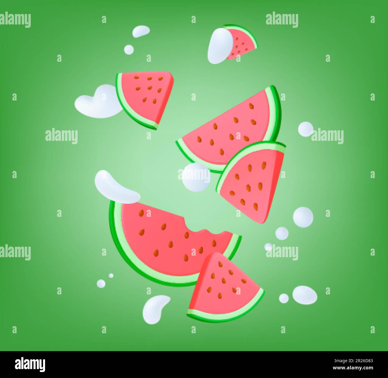 Juicy watermelon slices, 3d fruit cut and white abstract shapes. Modern ...