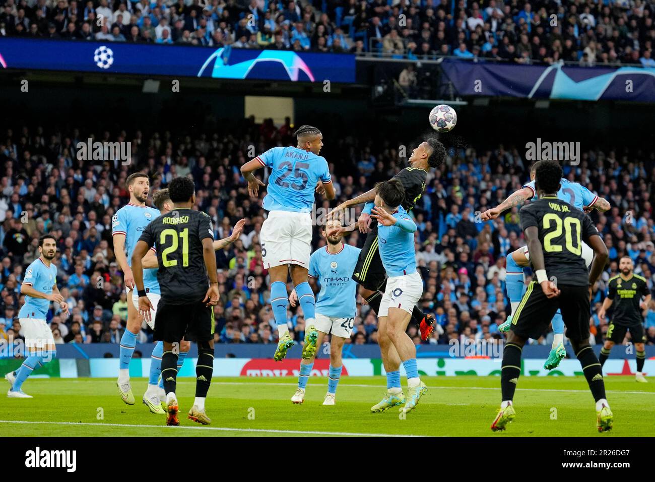 Real Madrid's Eder Militao heads the ball during the Champions League  semifinal second leg soccer match between Manchester City and Real Madrid  at Etihad stadium in Manchester, England, Wednesday, May 17, 2023. (