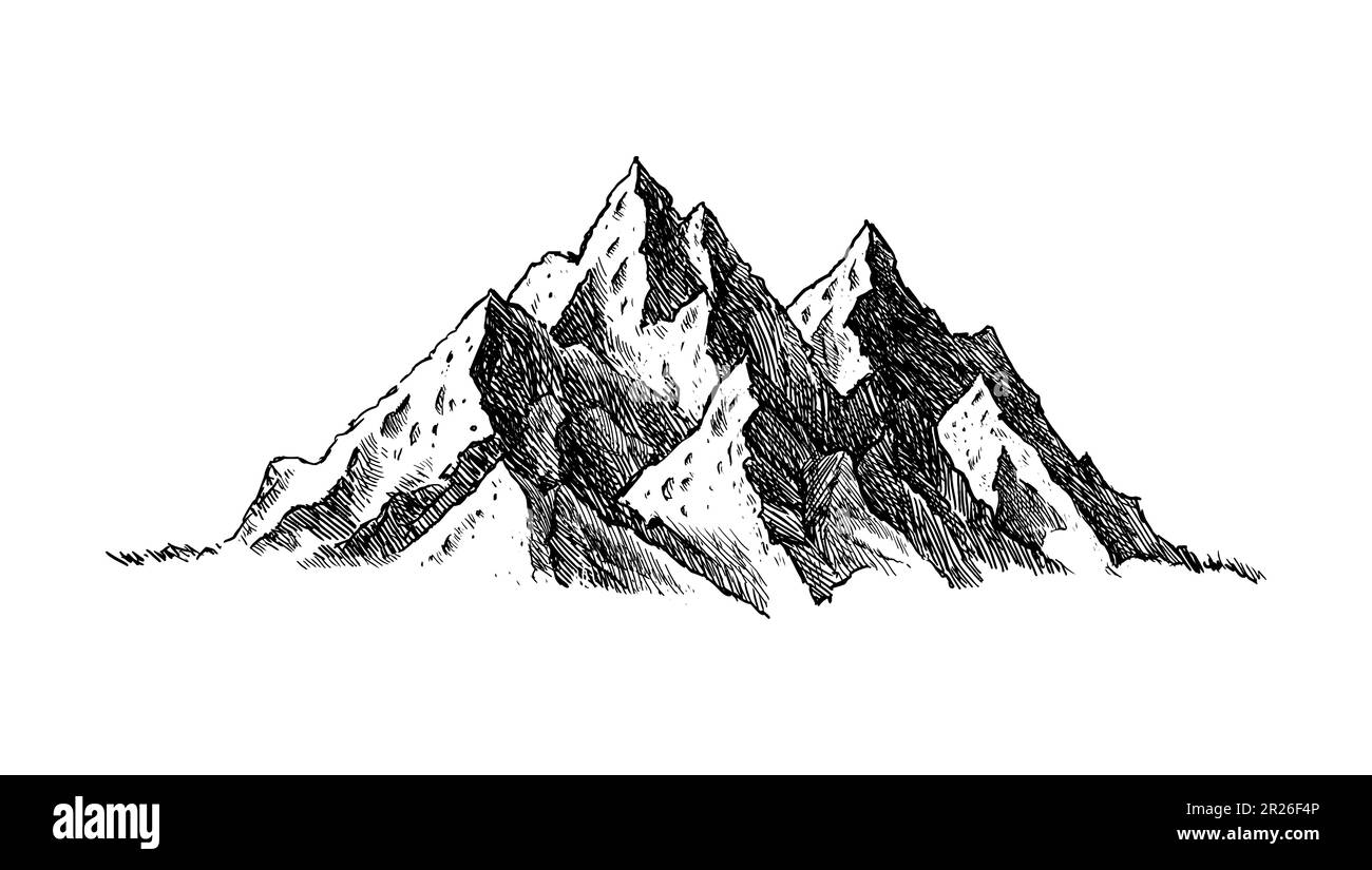 Mountain with pine trees and landscape black on white background. Hand drawn rocky peaks in sketch style. Vector illustration. Stock Vector