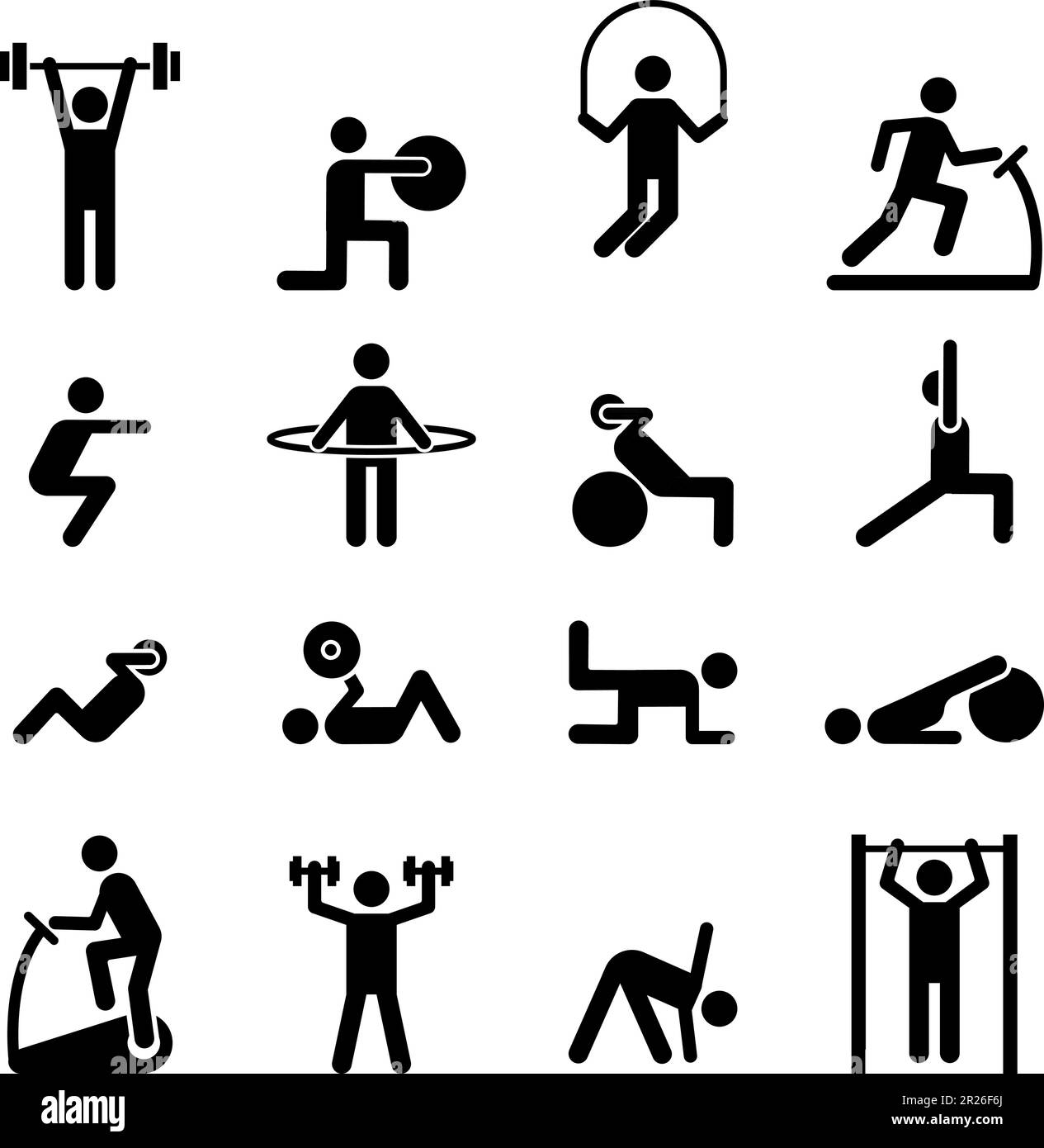 Sport people icons. Gym lifting warm-up stretch symbols, fitness poses pictograms, sports exercises athlete vector silhouettes Stock Vector