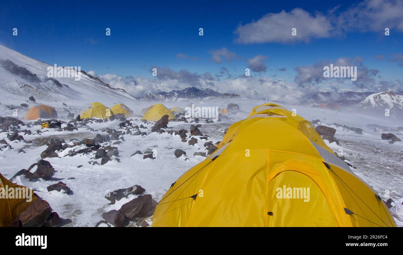 Spectacular morning at high altitude camp on Aconcagua Stock Photo Alamy