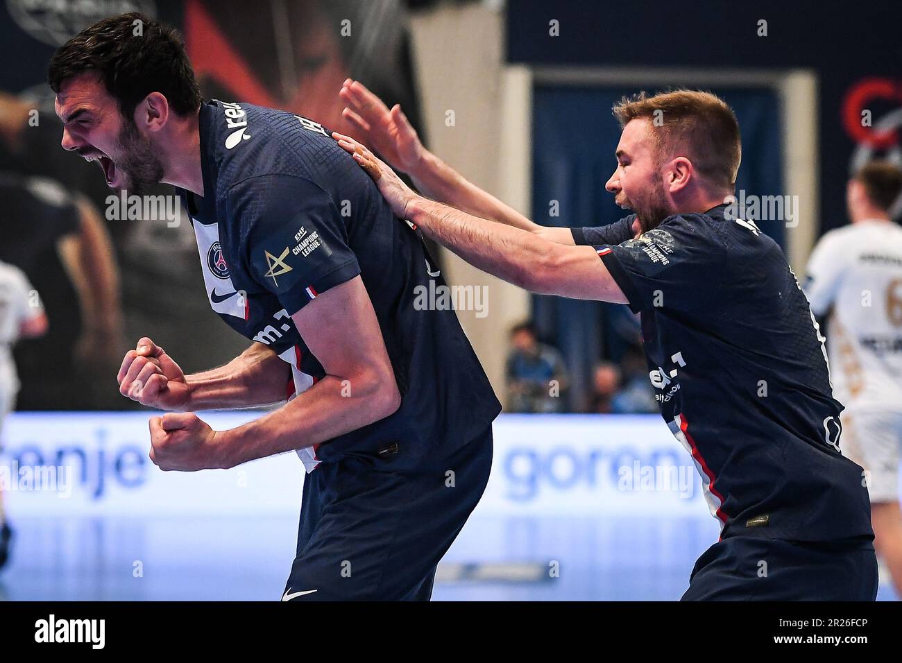 Paris, France, May 17, 2023, Paris, France - May 17, 2023, Petar NENADIC of PSG celebrate his point with Luc STEINS of PSG during the EHF Champions League, Quarter-finals, 2nd leg handball match between Paris Saint-Germain and THW Kiel on May 17, 2023 at Pierre de Coubertin stadium in Paris, France - Photo: Matthieu Mirville/DPPI/LiveMedia Stock Photo