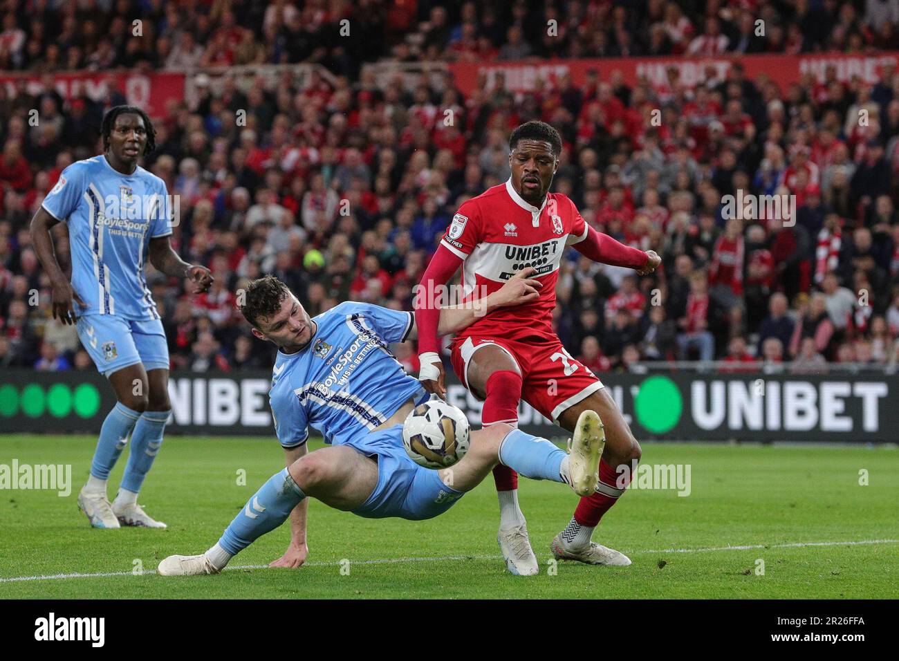 Middlesbrough, UK. 17th May, 2023. Chuba Akpom #29 of Middlesbrough is blocked off by Luke McNally #16 of Coventry City in the first half of the Sky Bet Championship Play-Off match Middlesbrough vs Coventry City at Riverside Stadium, Middlesbrough, United Kingdom, 17th May 2023 (Photo by James Heaton/News Images) in Middlesbrough, United Kingdom on 5/17/2023. (Photo by James Heaton/News Images/Sipa USA) Credit: Sipa USA/Alamy Live News Stock Photo