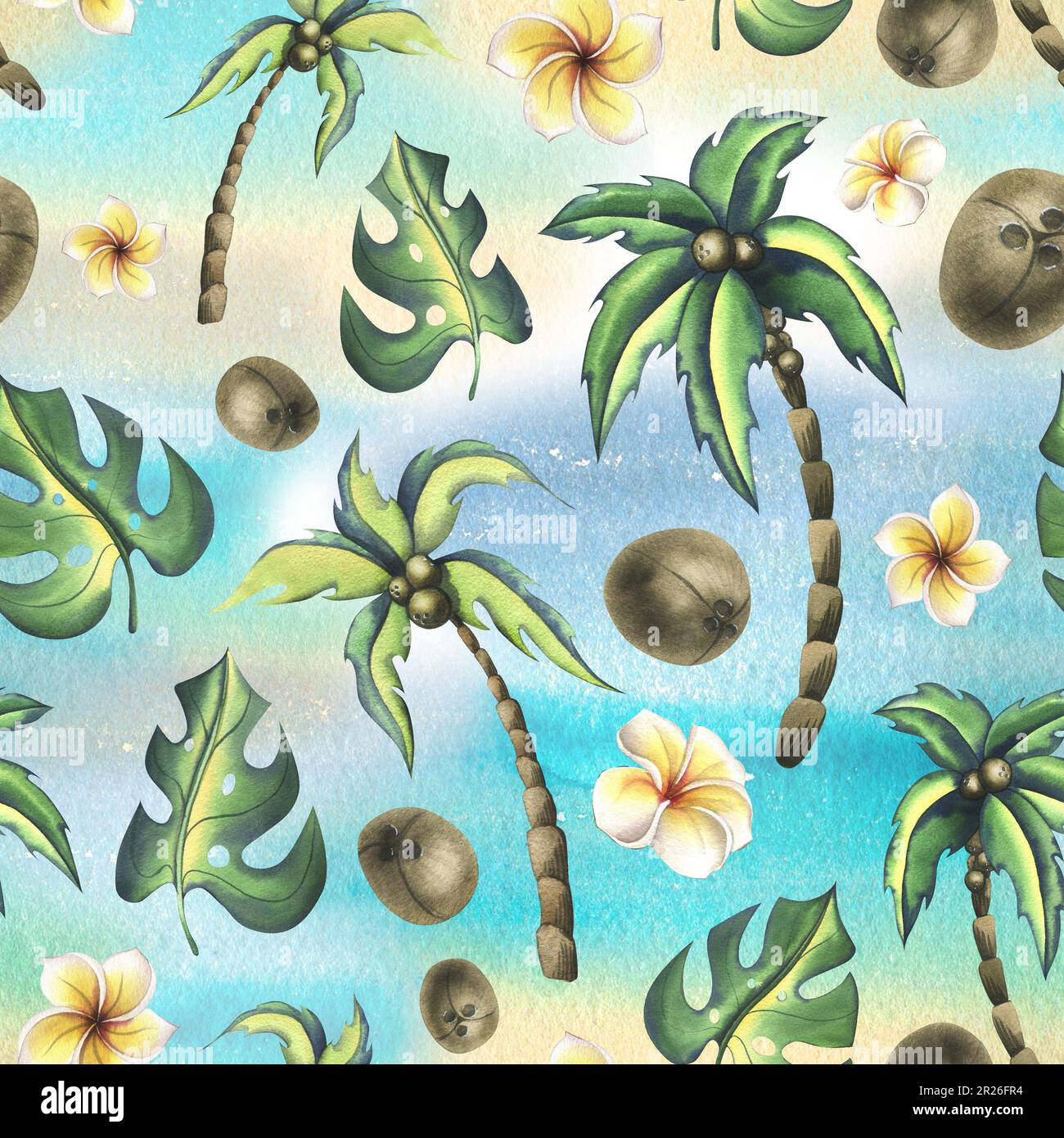 Tropical coconut palms and monstera leaves with frangipani flowers ...