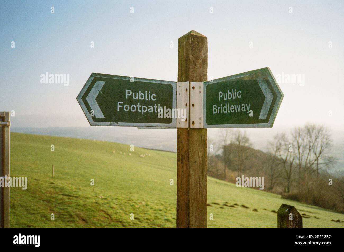 Footpath and Bridleway sign, High Bickington, Devon, England. Stock Photo