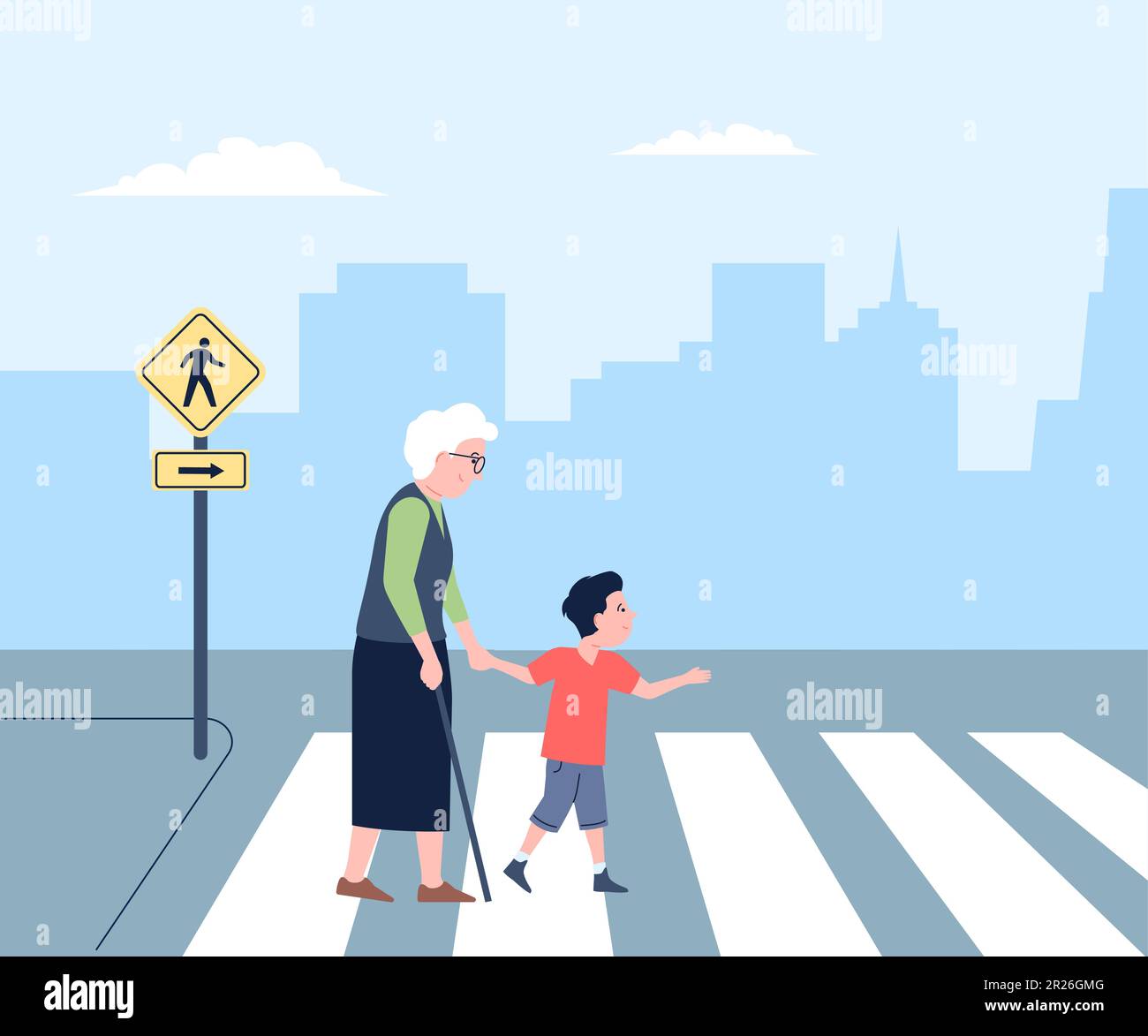Polite child, courtesies and kindness. Good manner, kid helping senior person cross the road. Behavior younger with older recent vector scene Stock Vector