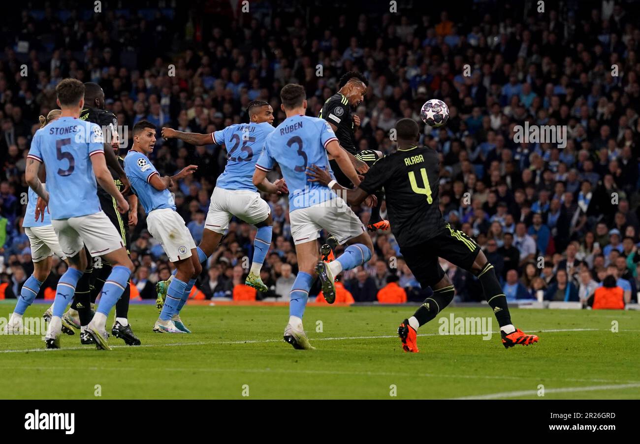 Real Madrid's Eder Militao heads the ball during the Champions League  semifinal second leg soccer match between Manchester City and Real Madrid  at Etihad stadium in Manchester, England, Wednesday, May 17, 2023. (