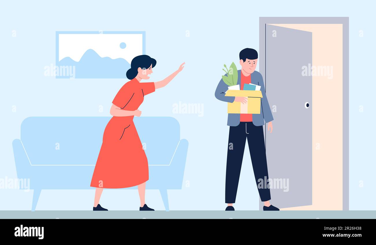 Family divorce, man leave home with things in box. Cartoon flat woman