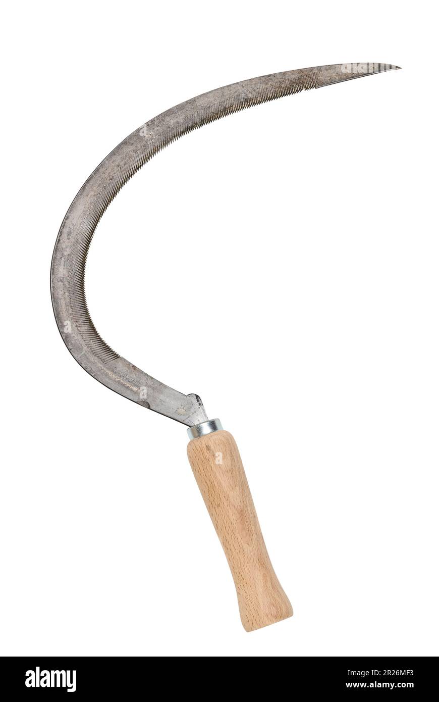 Sharp sickle with wooden handle isolated on white background Stock