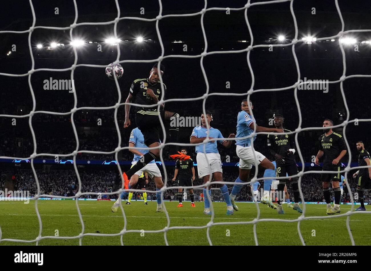 Real Madrid's Eder Militao heads the ball during the Champions League  semifinal second leg soccer match between Manchester City and Real Madrid  at Etihad stadium in Manchester, England, Wednesday, May 17, 2023. (