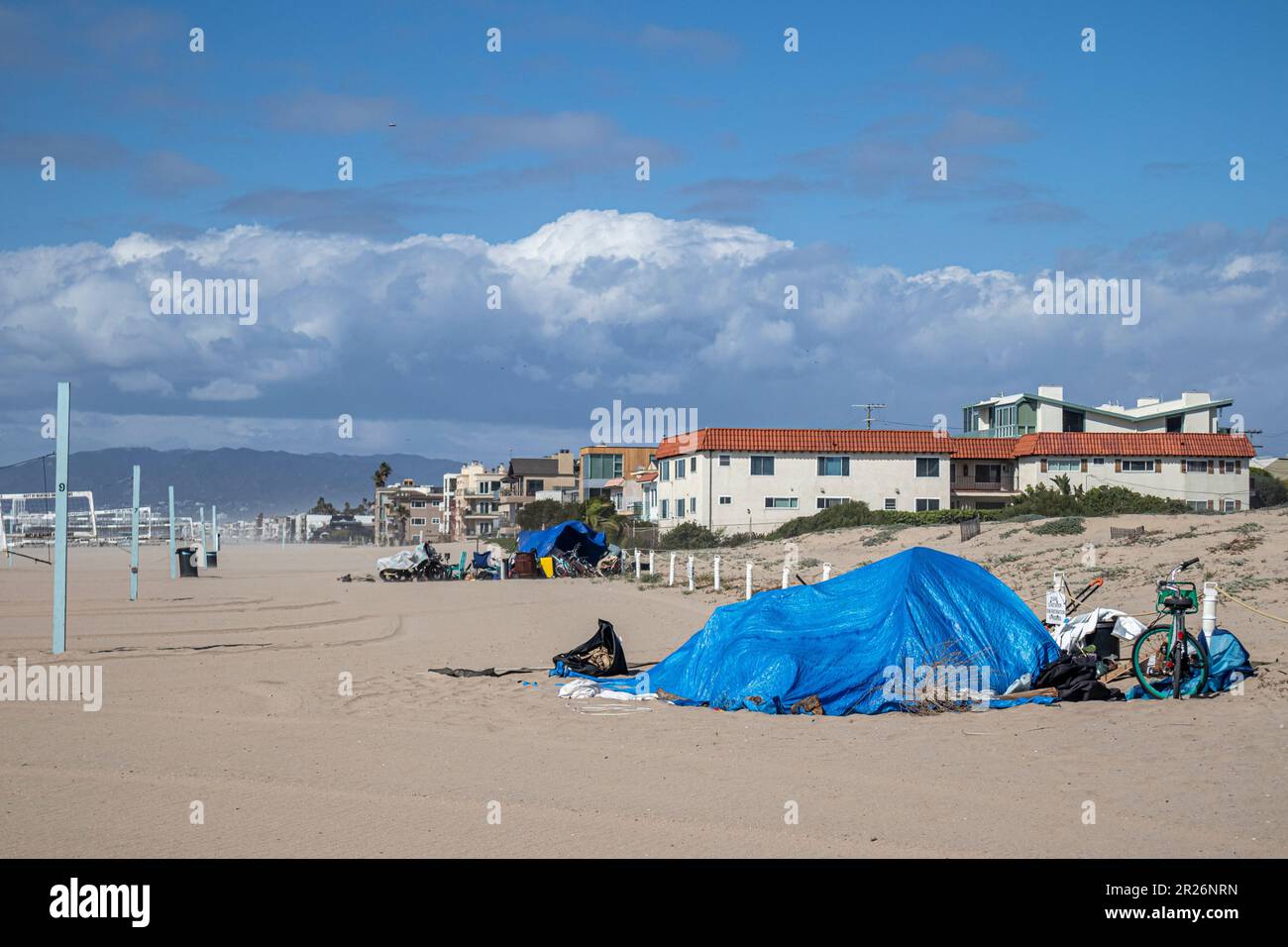 Homeless camp on beach, Playa Del Rey, Los Angeles, California Stock Photo