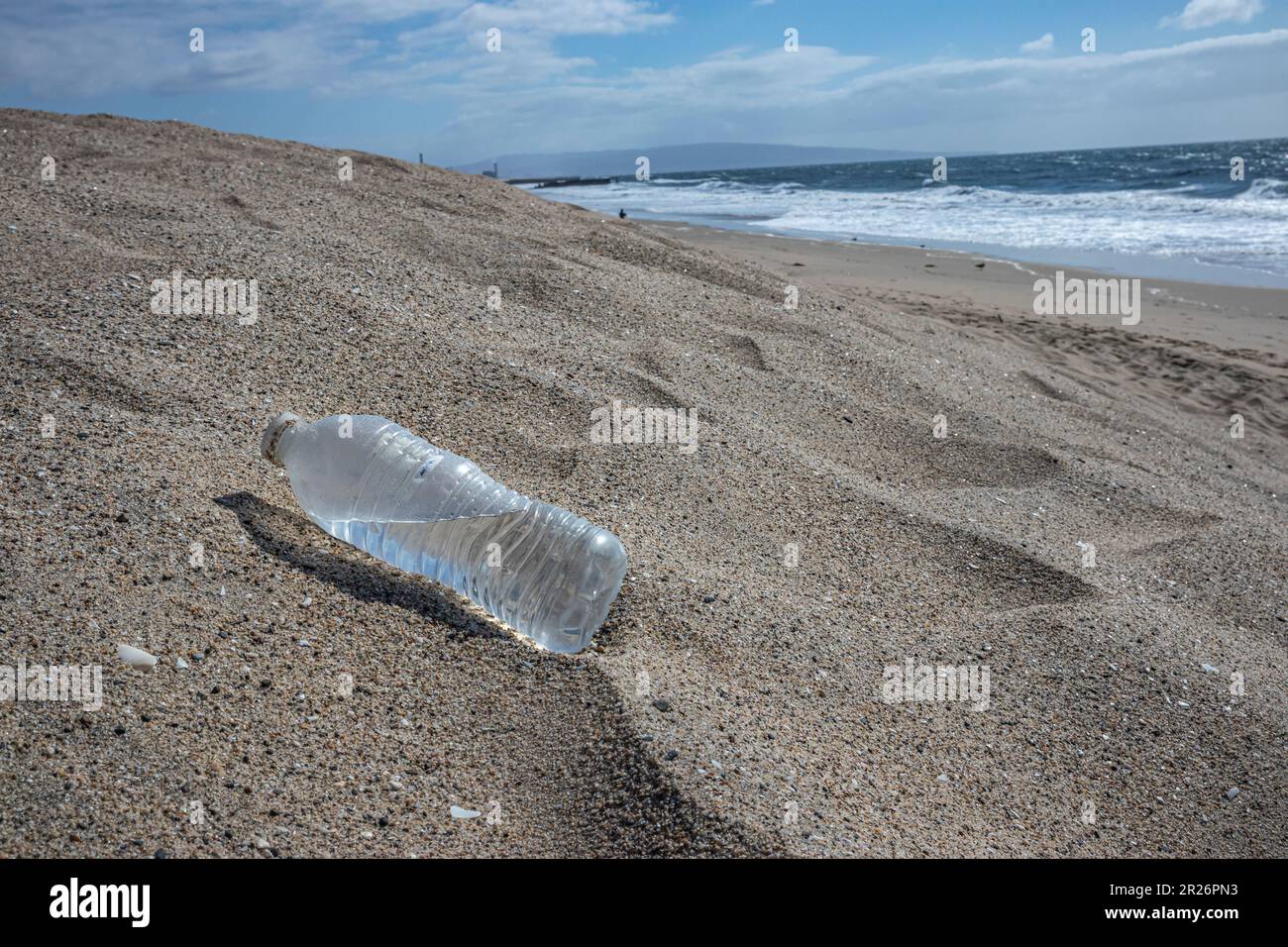 Plastic water bottle wash up on beach, Playa Del Rey, Los Angeles, California Stock Photo