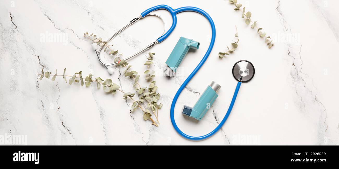 Asthma inhalers with stethoscope and eucalyptus branches on light